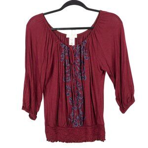 Pretty Good Peasant Blouse L Womens NEW Burgundy Boho Blue Paisley 3/4 Sleeves